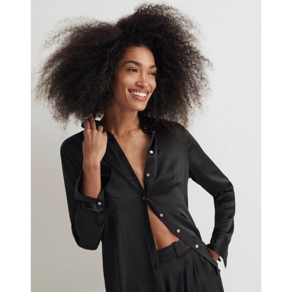 Madewell Satin Darted Button-Up Shirt, True Black, Size 2